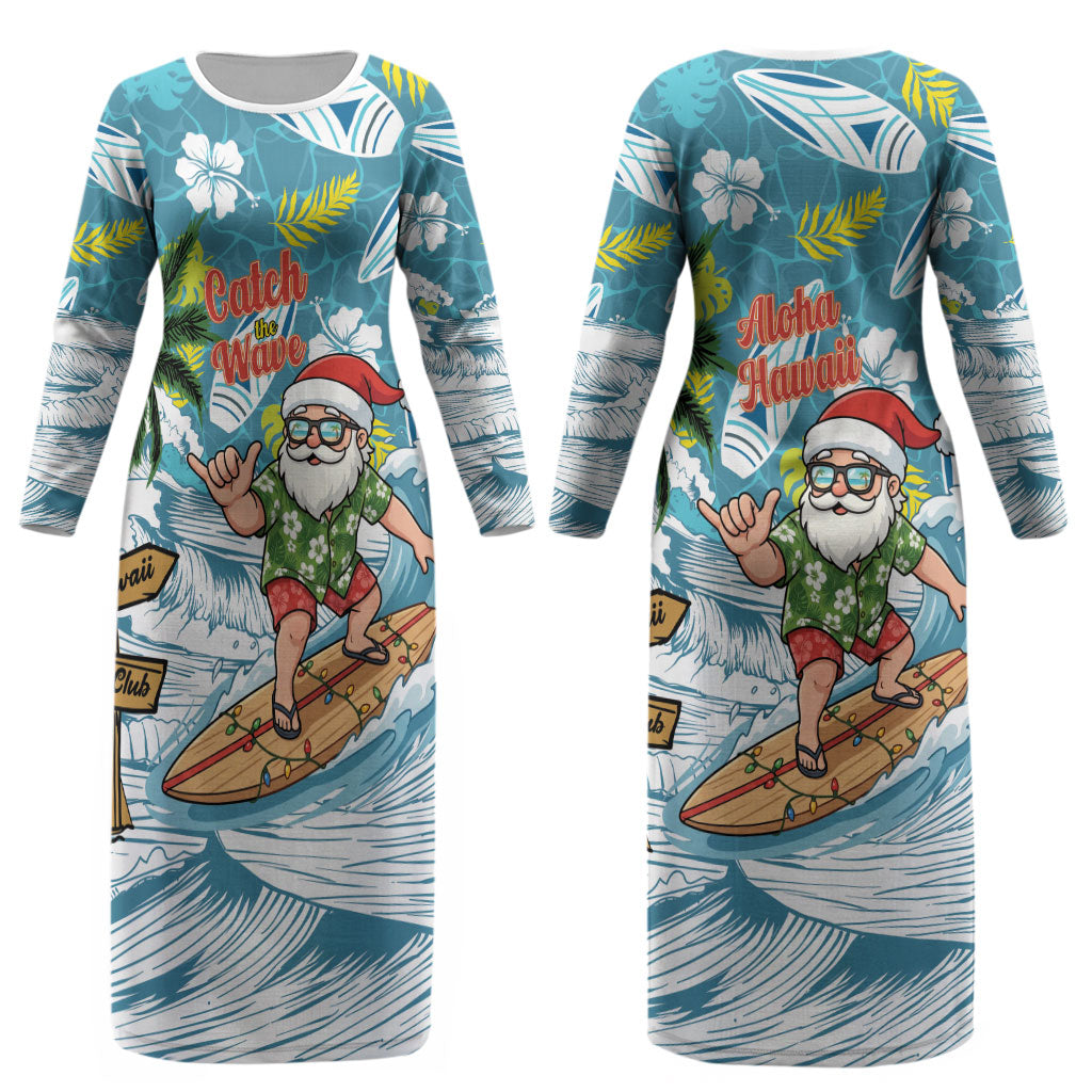 Hawaii Summer Christmas Couples Matching Long Sleeve Bodycon Dress and Long Sleeve Button Shirt Surfing Santa Shaka Catch The Wave LT14 - Polynesian Pride