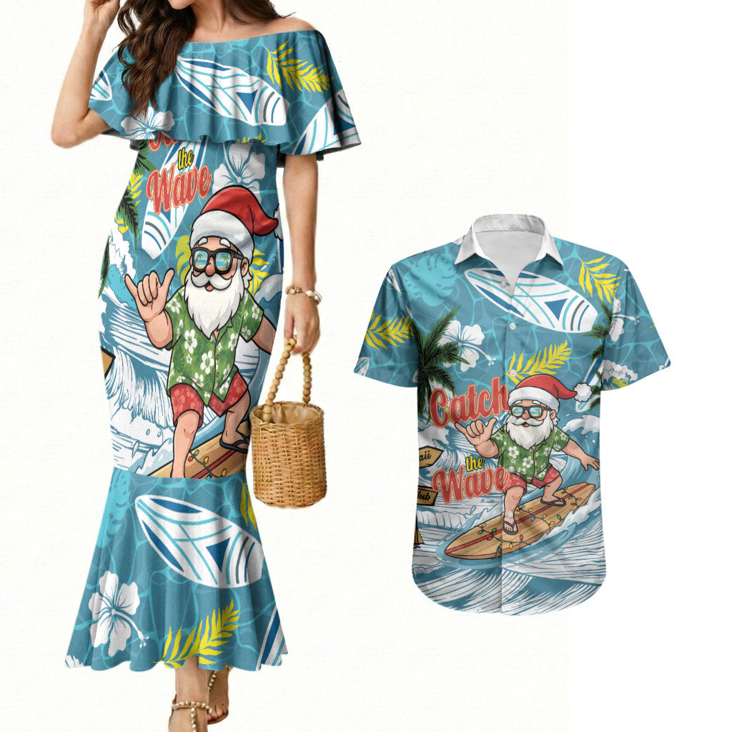 Hawaii Summer Christmas Couples Matching Mermaid Dress and Hawaiian Shirt Surfing Santa Shaka Catch The Wave LT14 Teal - Polynesian Pride