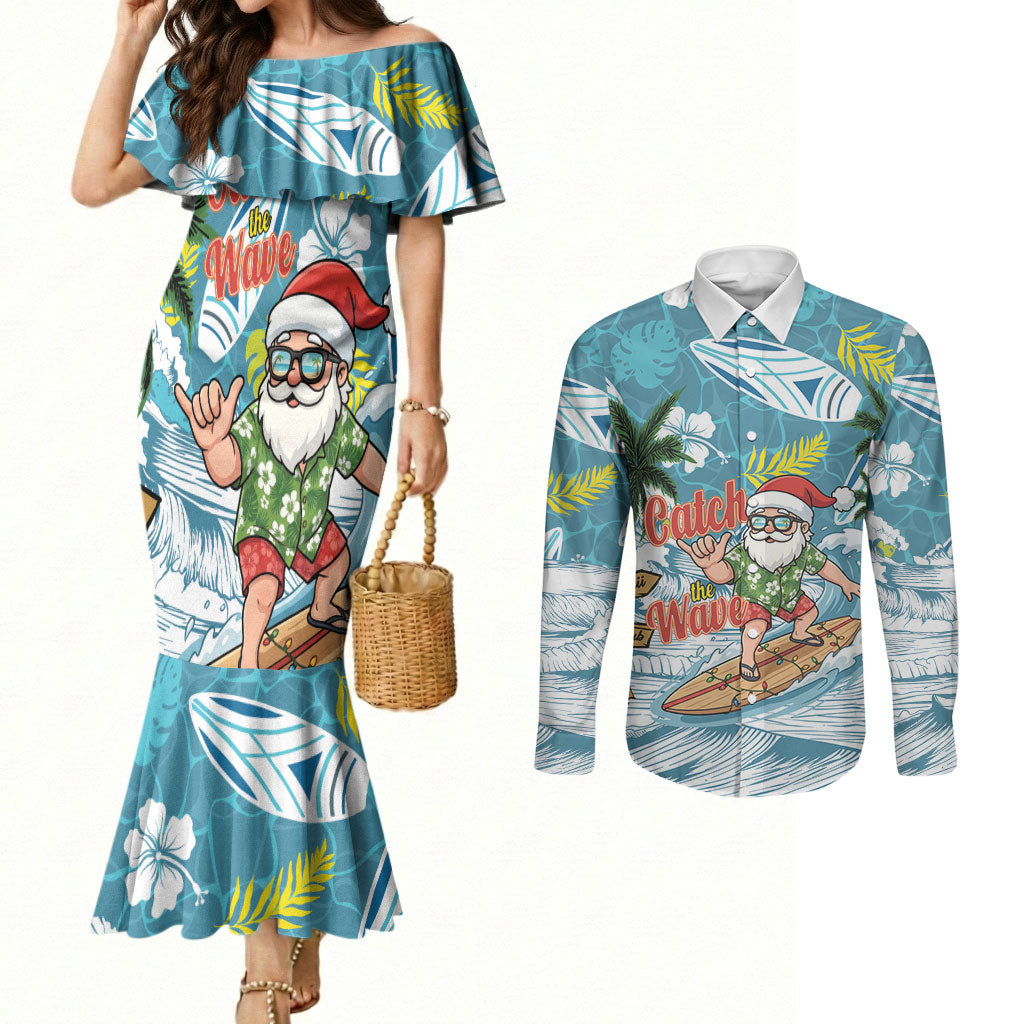 Hawaii Summer Christmas Couples Matching Mermaid Dress and Long Sleeve Button Shirt Surfing Santa Shaka Catch The Wave LT14 Teal - Polynesian Pride