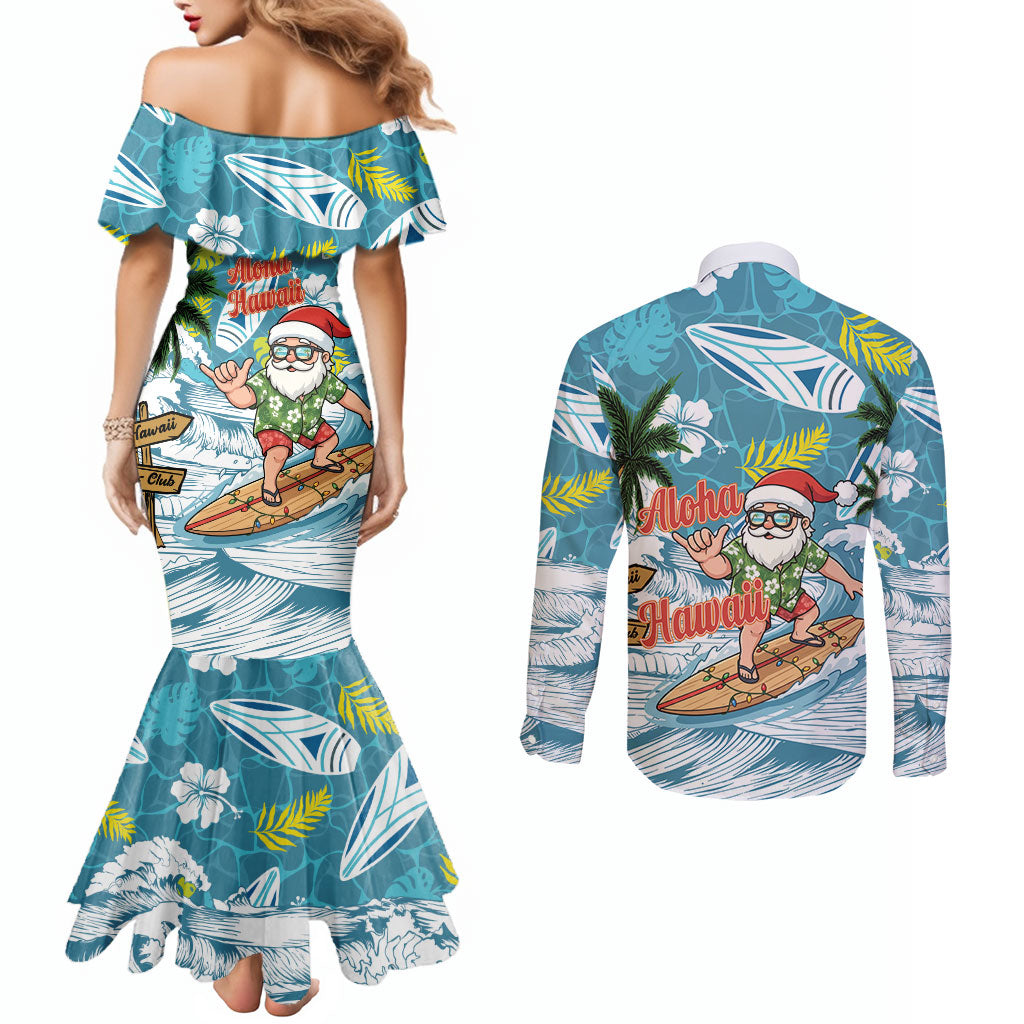 Hawaii Summer Christmas Couples Matching Mermaid Dress and Long Sleeve Button Shirt Surfing Santa Shaka Catch The Wave