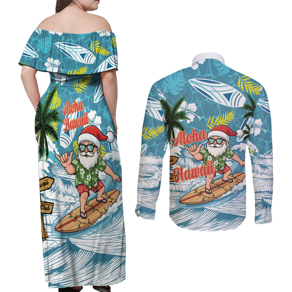 Hawaii Summer Christmas Couples Matching Off Shoulder Maxi Dress and Long Sleeve Button Shirt Surfing Santa Shaka Catch The Wave