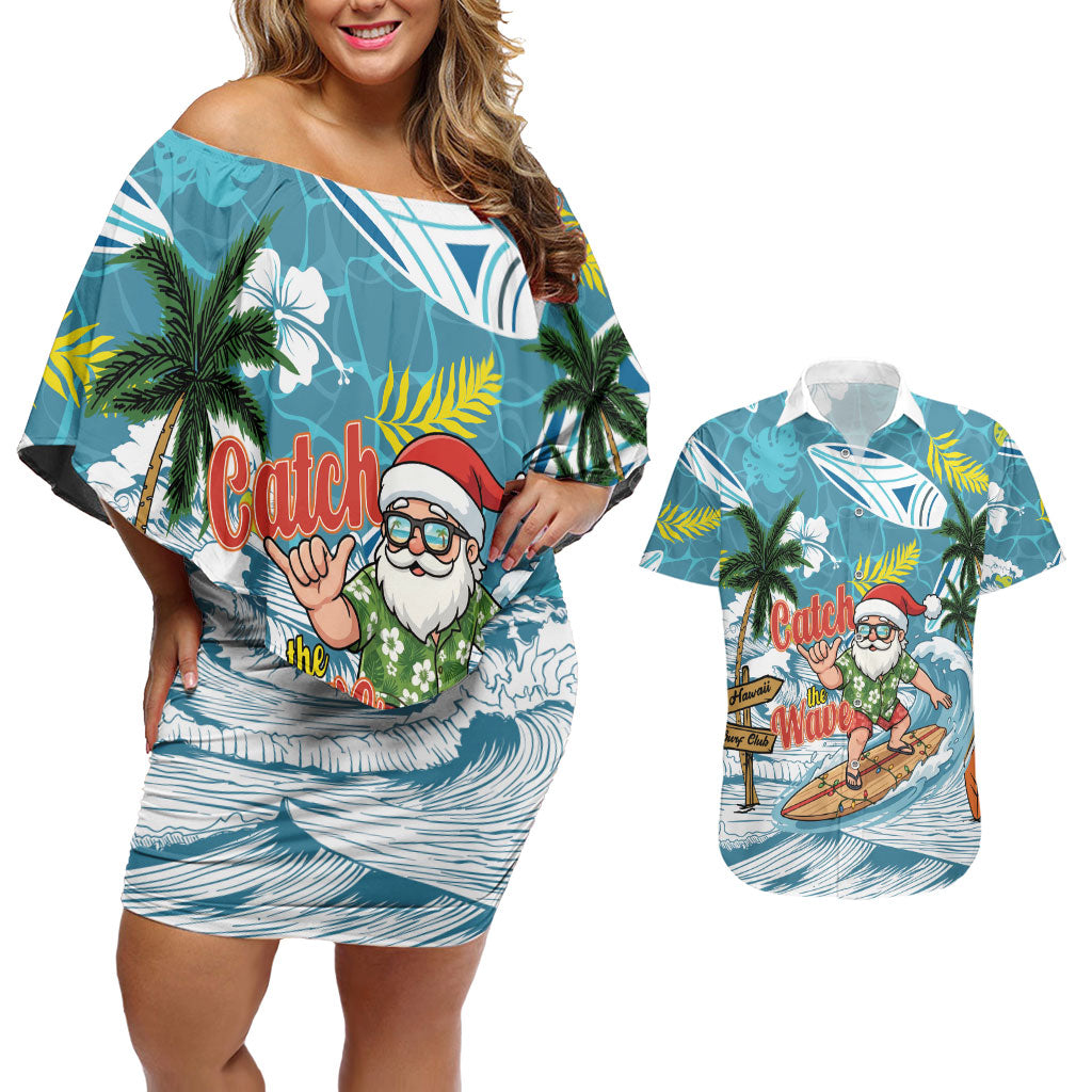 Hawaii Summer Christmas Couples Matching Off Shoulder Short Dress and Hawaiian Shirt Surfing Santa Shaka Catch The Wave