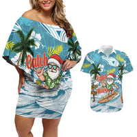 Hawaii Summer Christmas Couples Matching Off Shoulder Short Dress and Hawaiian Shirt Surfing Santa Shaka Catch The Wave