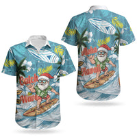 Hawaii Summer Christmas Couples Matching Off Shoulder Short Dress and Hawaiian Shirt Surfing Santa Shaka Catch The Wave LT14 - Polynesian Pride