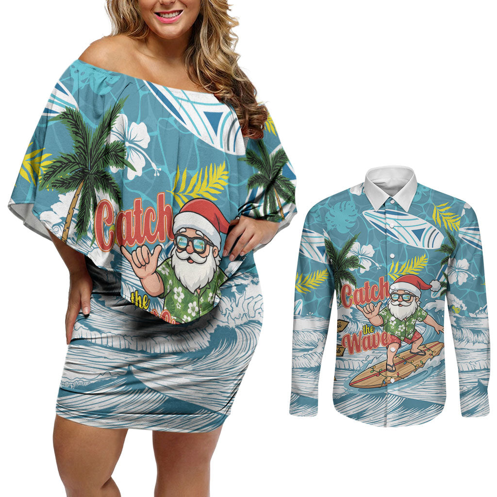 Hawaii Summer Christmas Couples Matching Off Shoulder Short Dress and Long Sleeve Button Shirt Surfing Santa Shaka Catch The Wave LT14 Teal - Polynesian Pride