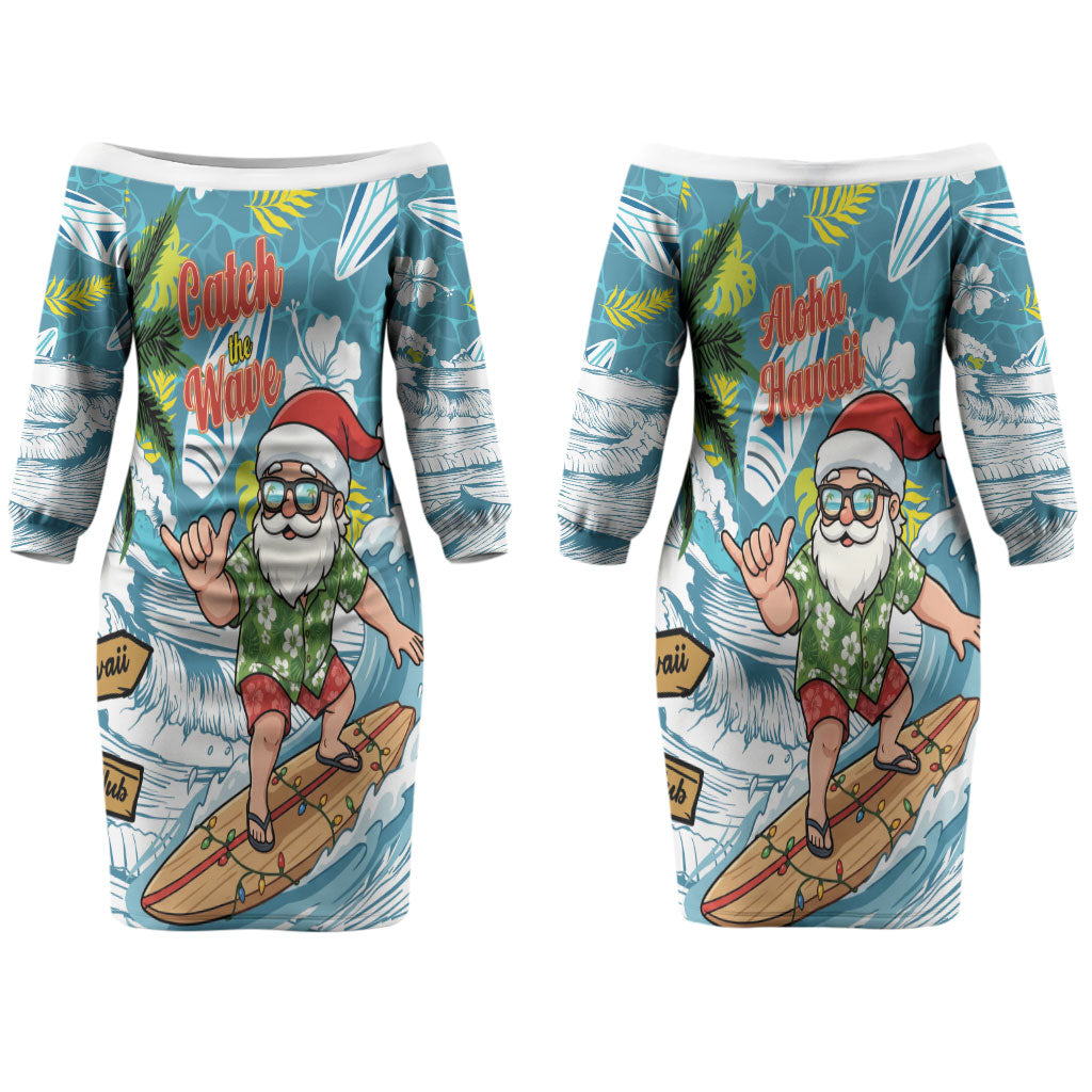 Hawaii Summer Christmas Couples Matching Off The Shoulder Long Sleeve Dress and Long Sleeve Button Shirt Surfing Santa Shaka Catch The Wave LT14 - Polynesian Pride