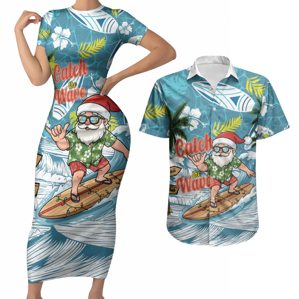 Hawaii Summer Christmas Couples Matching Short Sleeve Bodycon Dress and Hawaiian Shirt Surfing Santa Shaka Catch The Wave LT14 Teal - Polynesian Pride