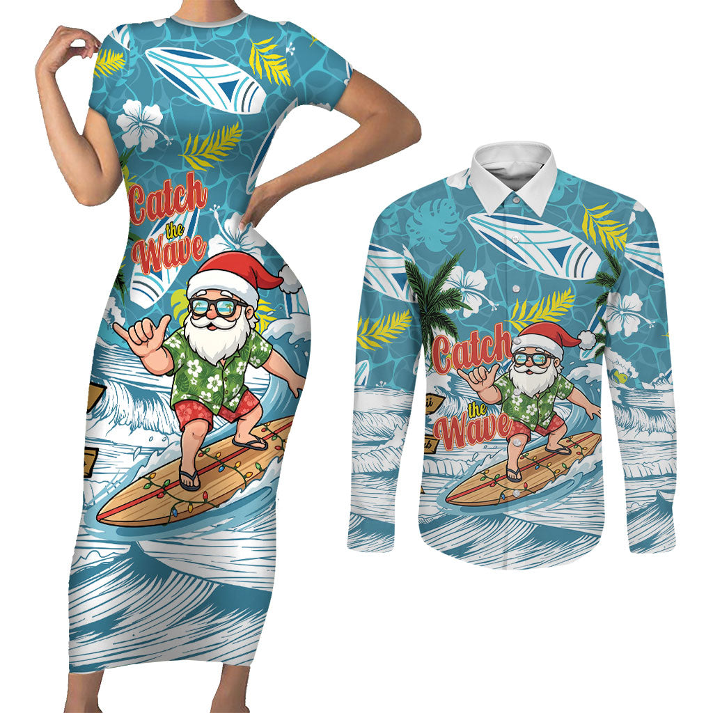Hawaii Summer Christmas Couples Matching Short Sleeve Bodycon Dress and Long Sleeve Button Shirt Surfing Santa Shaka Catch The Wave