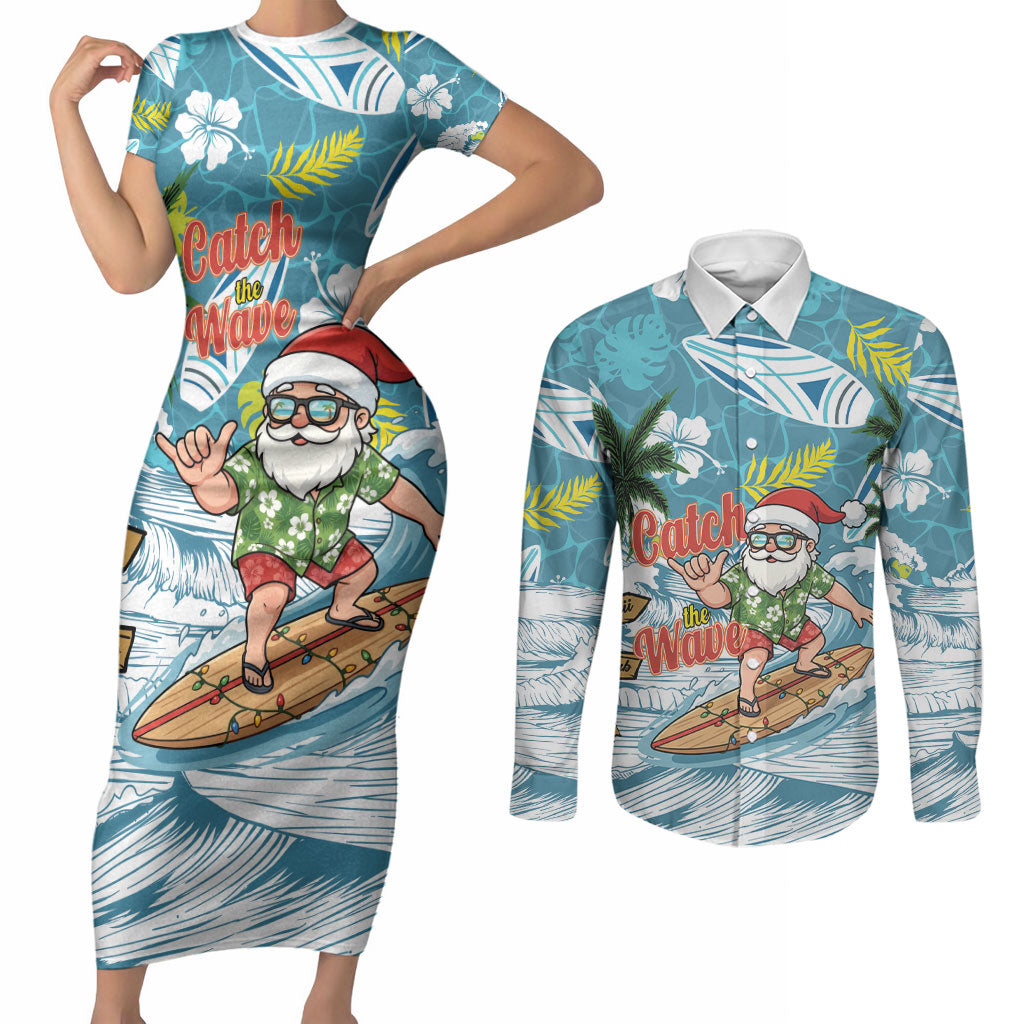 Hawaii Summer Christmas Couples Matching Short Sleeve Bodycon Dress and Long Sleeve Button Shirt Surfing Santa Shaka Catch The Wave LT14 Teal - Polynesian Pride