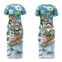 Hawaii Summer Christmas Couples Matching Short Sleeve Bodycon Dress and Long Sleeve Button Shirt Surfing Santa Shaka Catch The Wave LT14 - Polynesian Pride