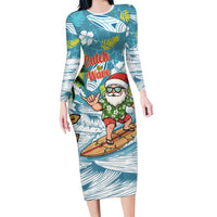 Hawaii Summer Christmas Family Matching Long Sleeve Bodycon Dress and Hawaiian Shirt Surfing Santa Shaka Catch The Wave LT14 Mom's Dress Teal - Polynesian Pride
