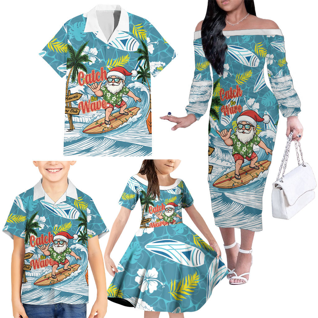 Hawaii Summer Christmas Family Matching Off The Shoulder Long Sleeve Dress and Hawaiian Shirt Surfing Santa Shaka Catch The Wave LT14 - Polynesian Pride