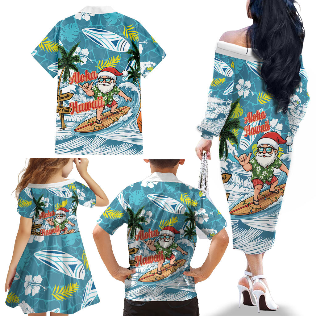 Hawaii Summer Christmas Family Matching Off The Shoulder Long Sleeve Dress and Hawaiian Shirt Surfing Santa Shaka Catch The Wave LT14 - Polynesian Pride