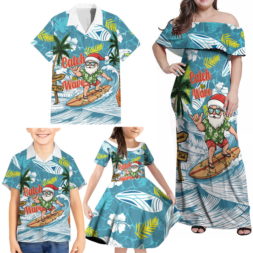 Hawaii Summer Christmas Family Matching Off Shoulder Maxi Dress and Hawaiian Shirt Surfing Santa Shaka Catch The Wave