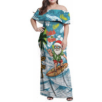 Hawaii Summer Christmas Family Matching Off Shoulder Maxi Dress and Hawaiian Shirt Surfing Santa Shaka Catch The Wave LT14 Mom's Dress Teal - Polynesian Pride