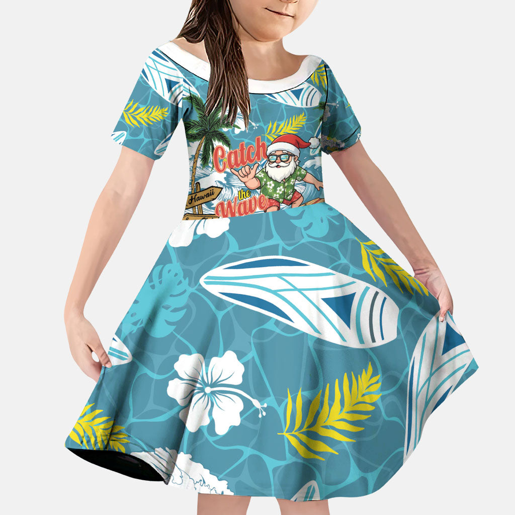 Hawaii Summer Christmas Family Matching Short Sleeve Bodycon Dress and Hawaiian Shirt Surfing Santa Shaka Catch The Wave LT14 Daughter's Dress Teal - Polynesian Pride