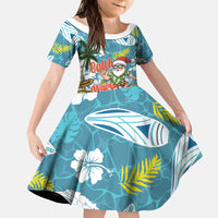 Hawaii Summer Christmas Family Matching Tank Maxi Dress and Hawaiian Shirt Surfing Santa Shaka Catch The Wave LT14 Daughter's Dress Teal - Polynesian Pride