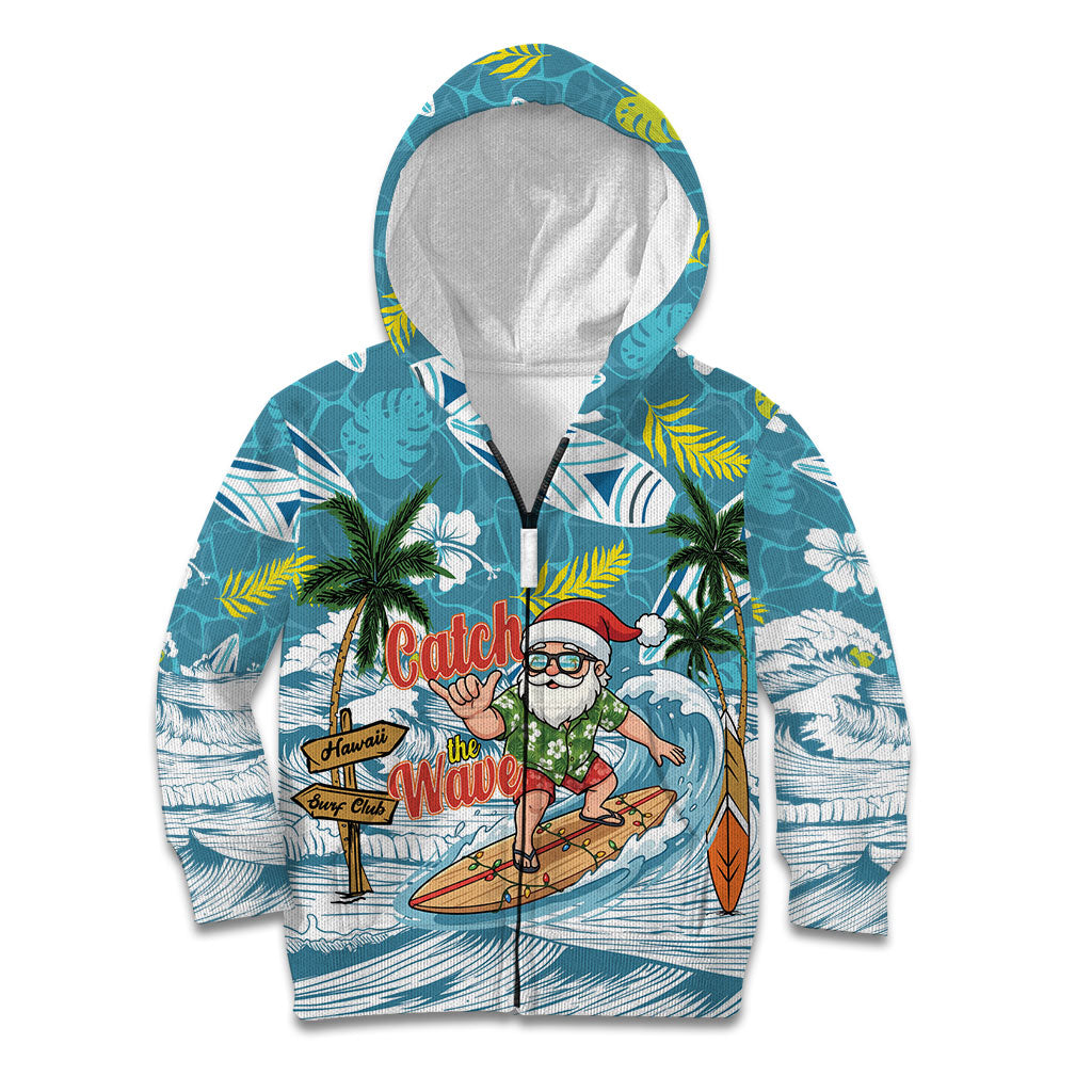 Hawaii Summer Christmas Kid Hoodie Surfing Santa Shaka Catch The Wave