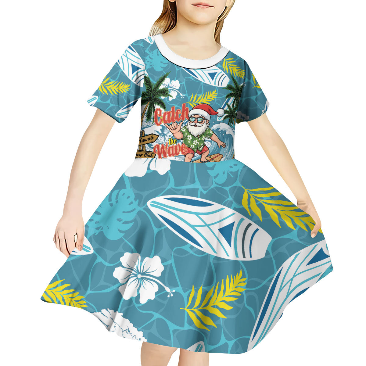 Hawaii Summer Christmas Kid Short Sleeve Dress Surfing Santa Shaka Catch The Wave