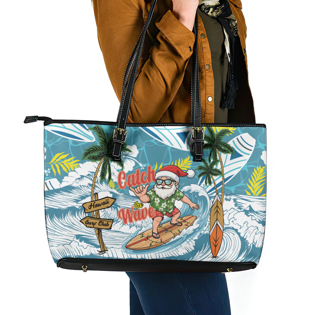 Hawaii Summer Christmas Leather Tote Bag Surfing Santa Shaka Catch The Wave