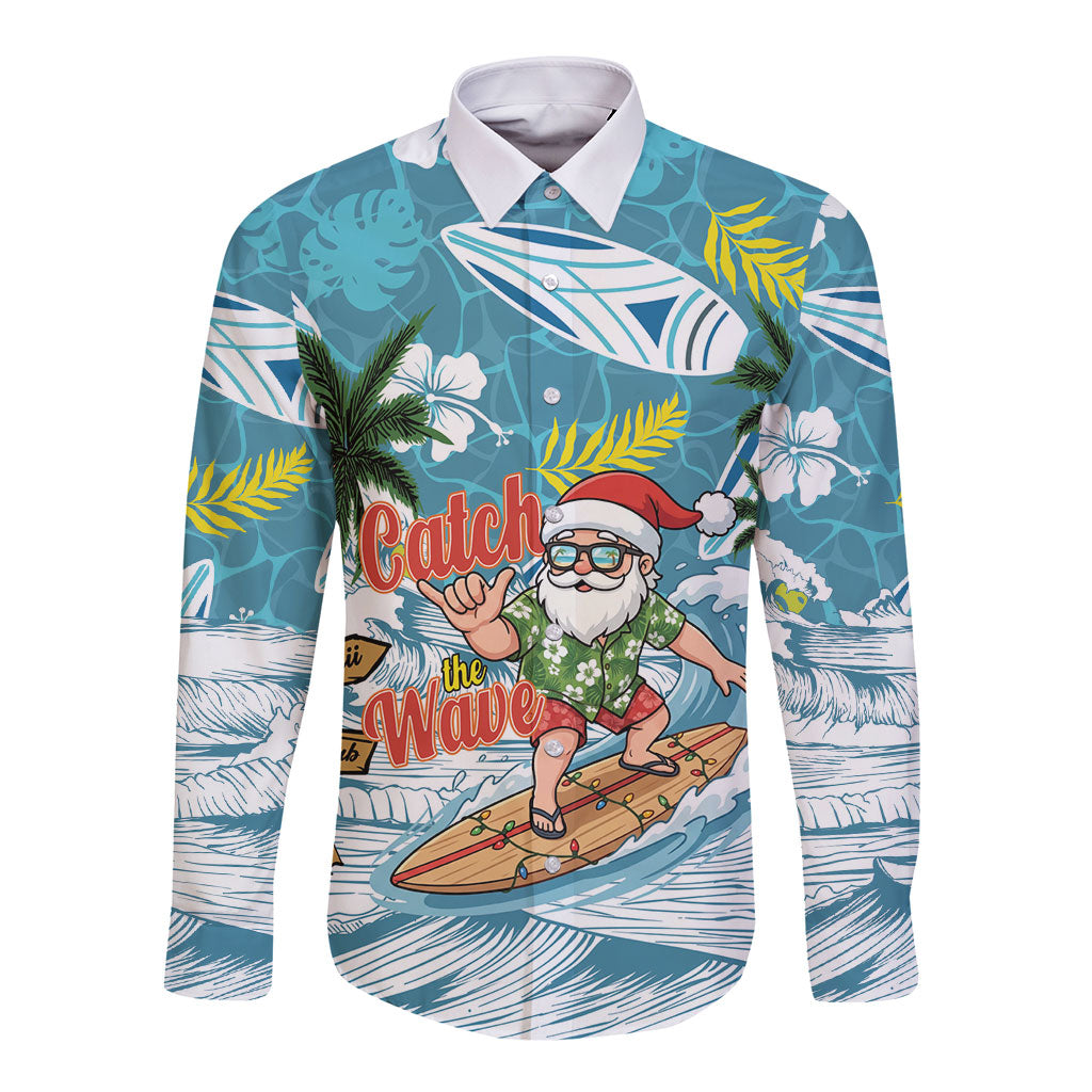 Hawaii Summer Christmas Long Sleeve Button Shirt Surfing Santa Shaka Catch The Wave