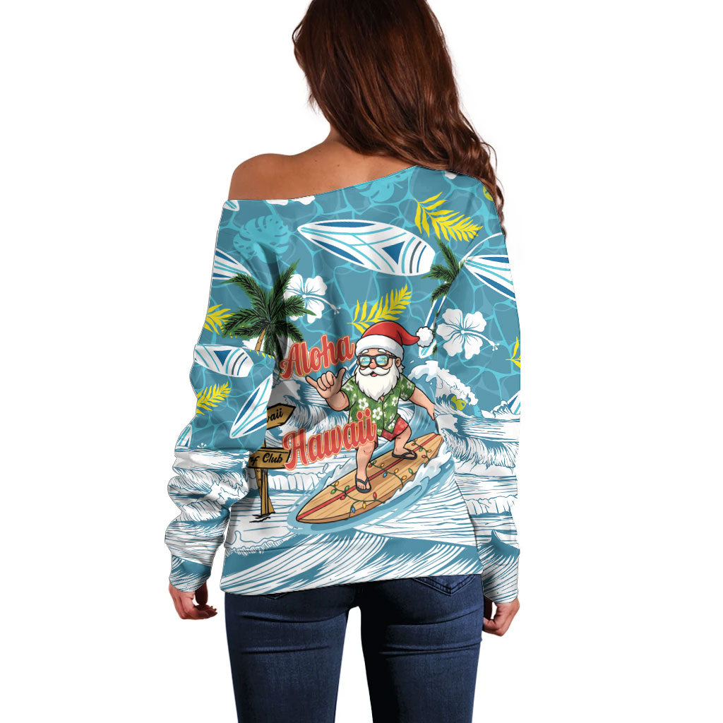 Hawaii Summer Christmas Off Shoulder Sweater Surfing Santa Shaka Catch The Wave