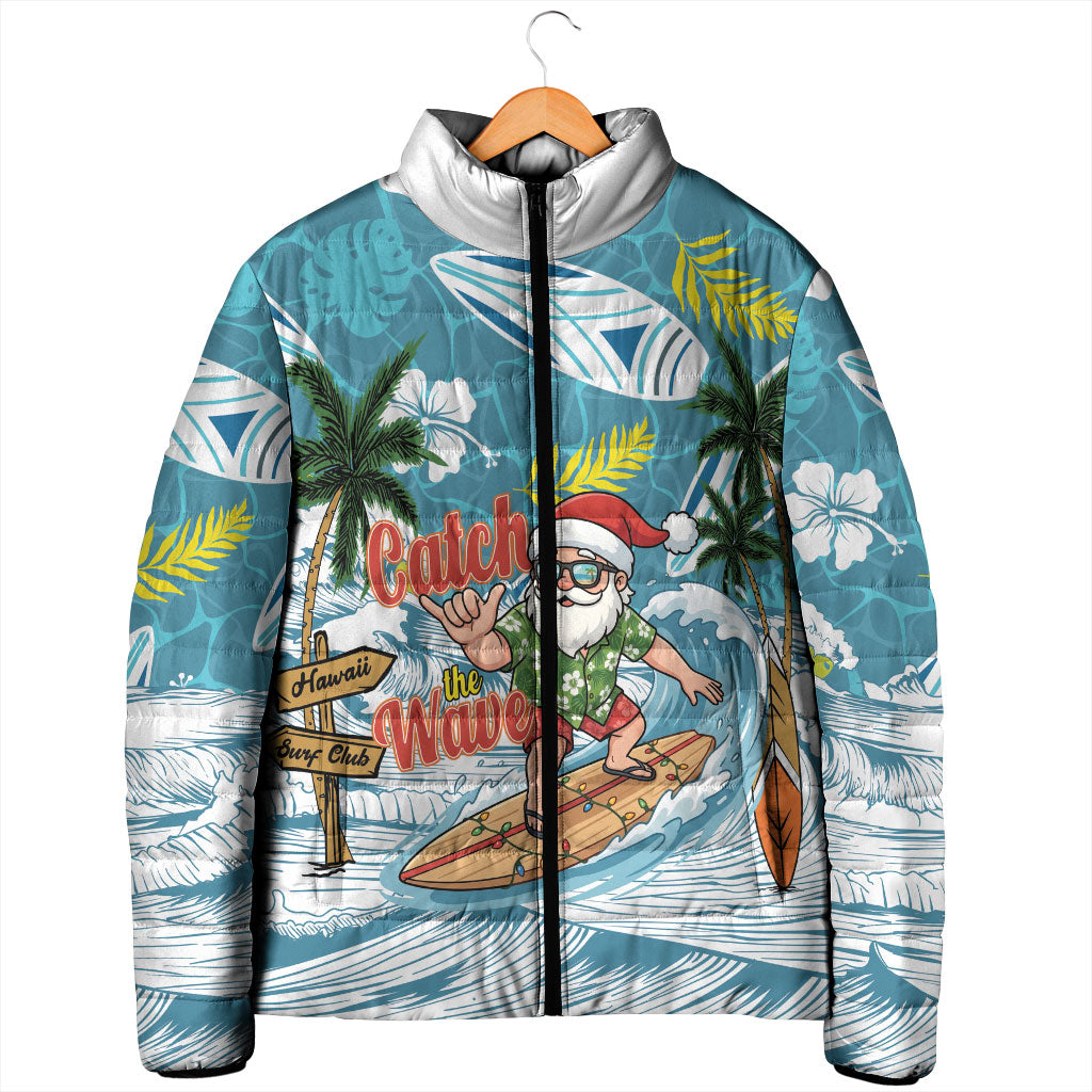 Hawaii Summer Christmas Padded Jacket Surfing Santa Shaka Catch The Wave