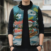 Hawaii Summer Christmas Sleeveless Puffer Jacket Surfing Santa Shaka Catch The Wave