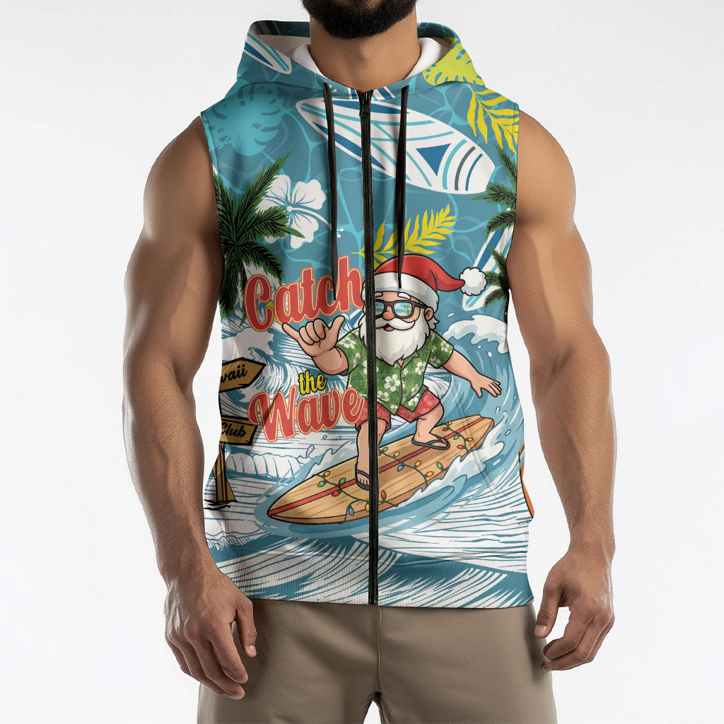 Hawaii Summer Christmas Sleeveless Zip Hoodie Surfing Santa Shaka Catch The Wave