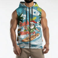 Hawaii Summer Christmas Sleeveless Zip Hoodie Surfing Santa Shaka Catch The Wave