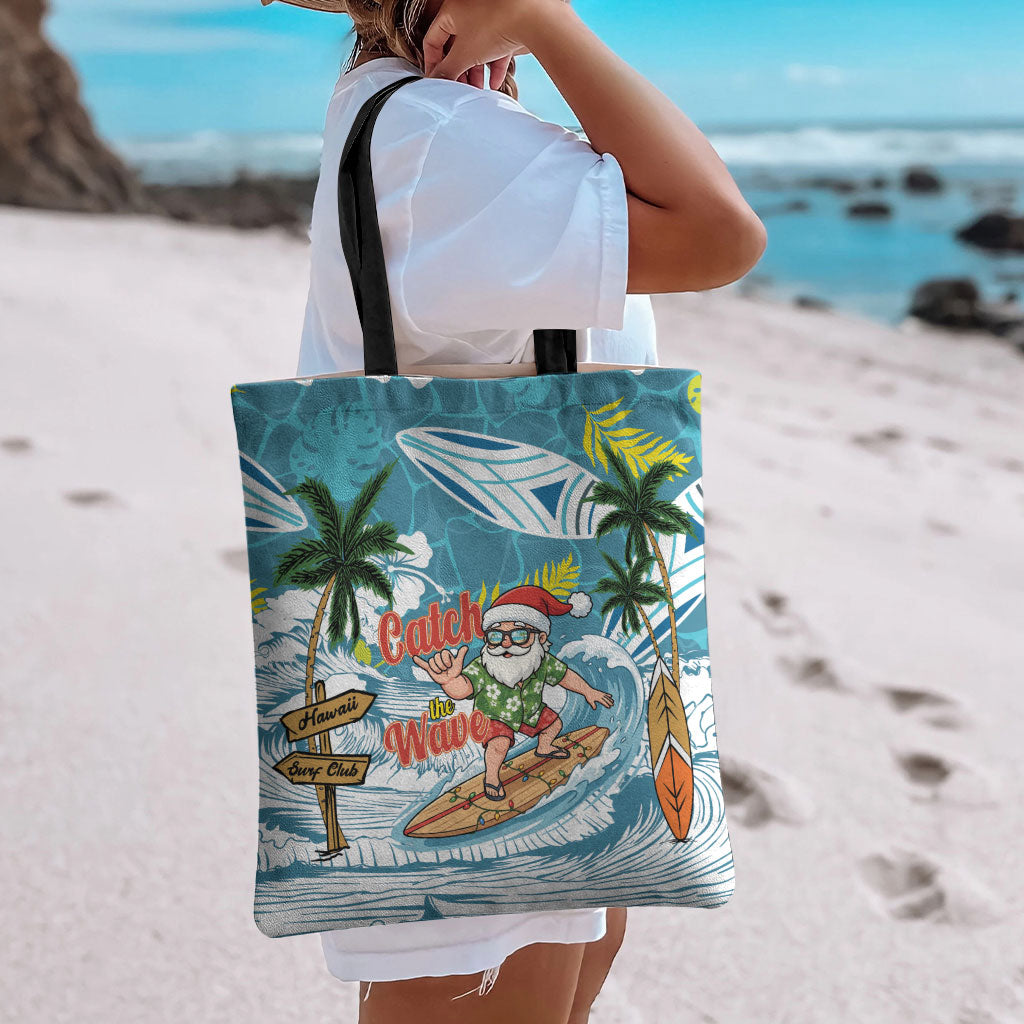 Hawaii Summer Christmas Tote Bag Surfing Santa Shaka Catch The Wave