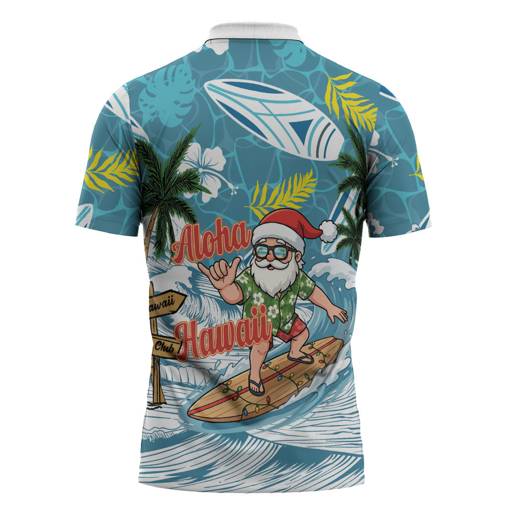 Hawaii Summer Christmas Zipper Polo Shirt Surfing Santa Shaka Catch The Wave