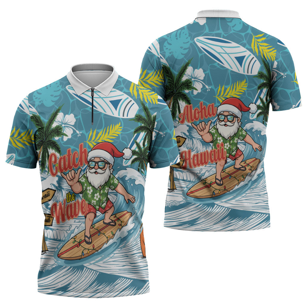 Hawaii Summer Christmas Zipper Polo Shirt Surfing Santa Shaka Catch The Wave