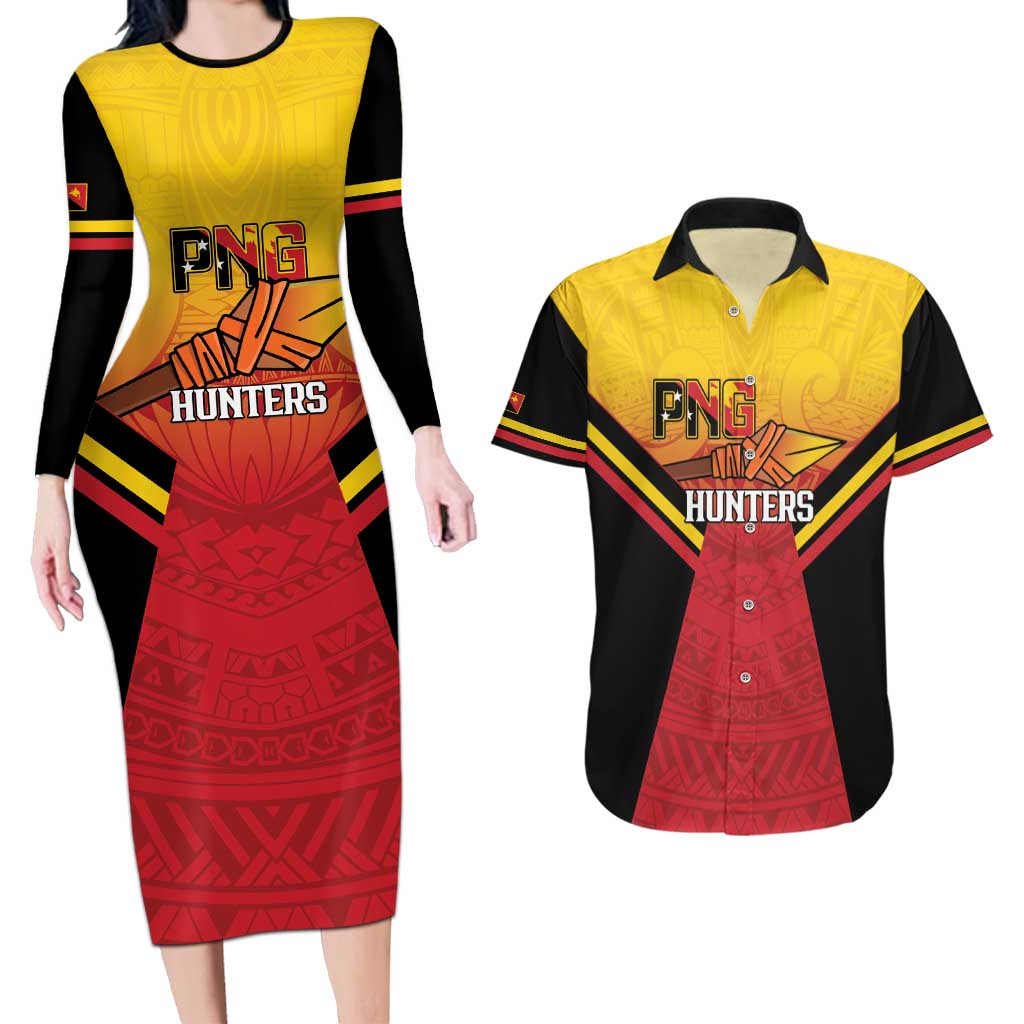 Papua New Guinea Rugby Custom Couples Matching Long Sleeve Bodycon Dress and Hawaiian Shirt Go PNG Hunters Polynesian Pattern LT14 Red - Polynesian Pride