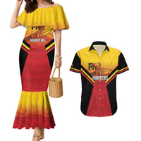 Papua New Guinea Rugby Custom Couples Matching Mermaid Dress and Hawaiian Shirt Go PNG Hunters Polynesian Pattern LT14 Red - Polynesian Pride