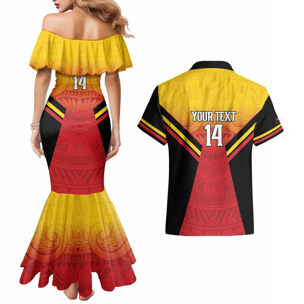 Papua New Guinea Rugby Custom Couples Matching Mermaid Dress and Hawaiian Shirt Go PNG Hunters Polynesian Pattern LT14 - Polynesian Pride