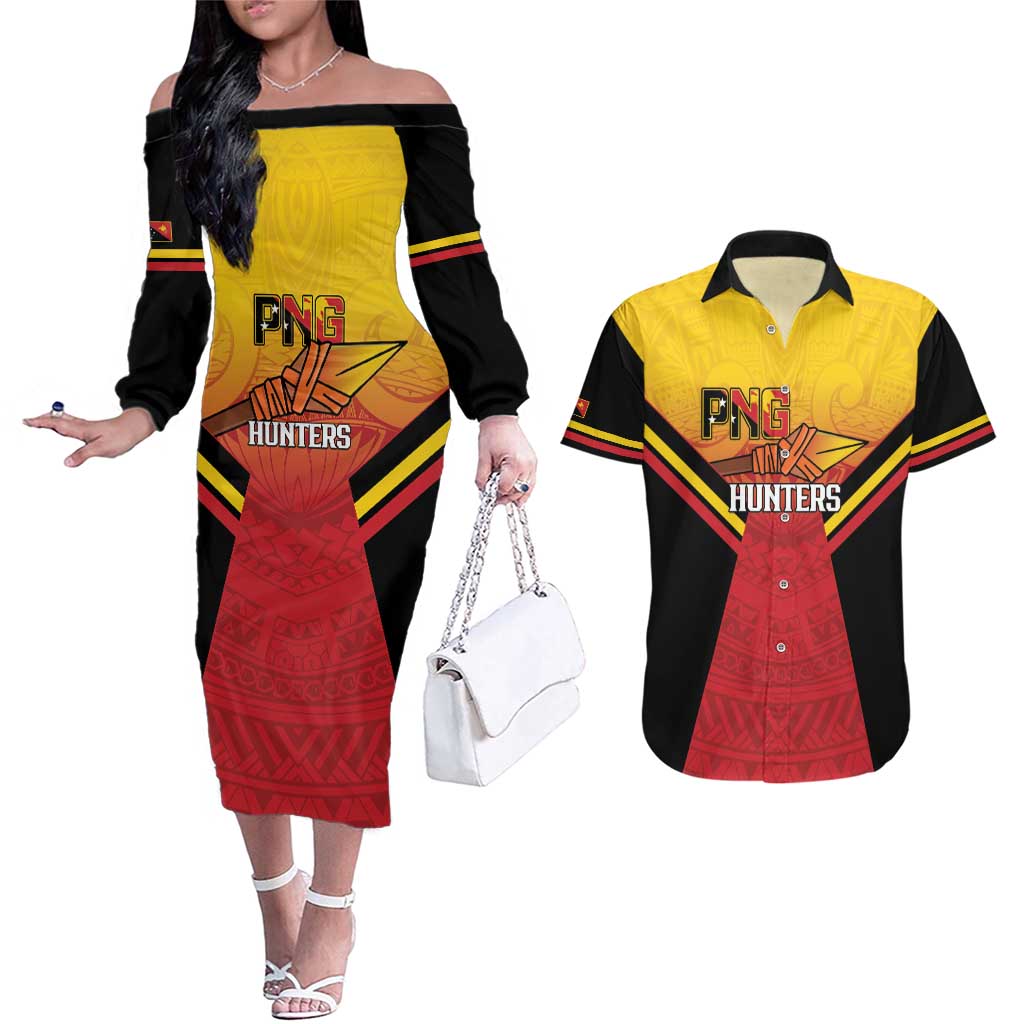 Papua New Guinea Rugby Custom Couples Matching Off The Shoulder Long Sleeve Dress and Hawaiian Shirt Go PNG Hunters Polynesian Pattern - Polynesian Pride