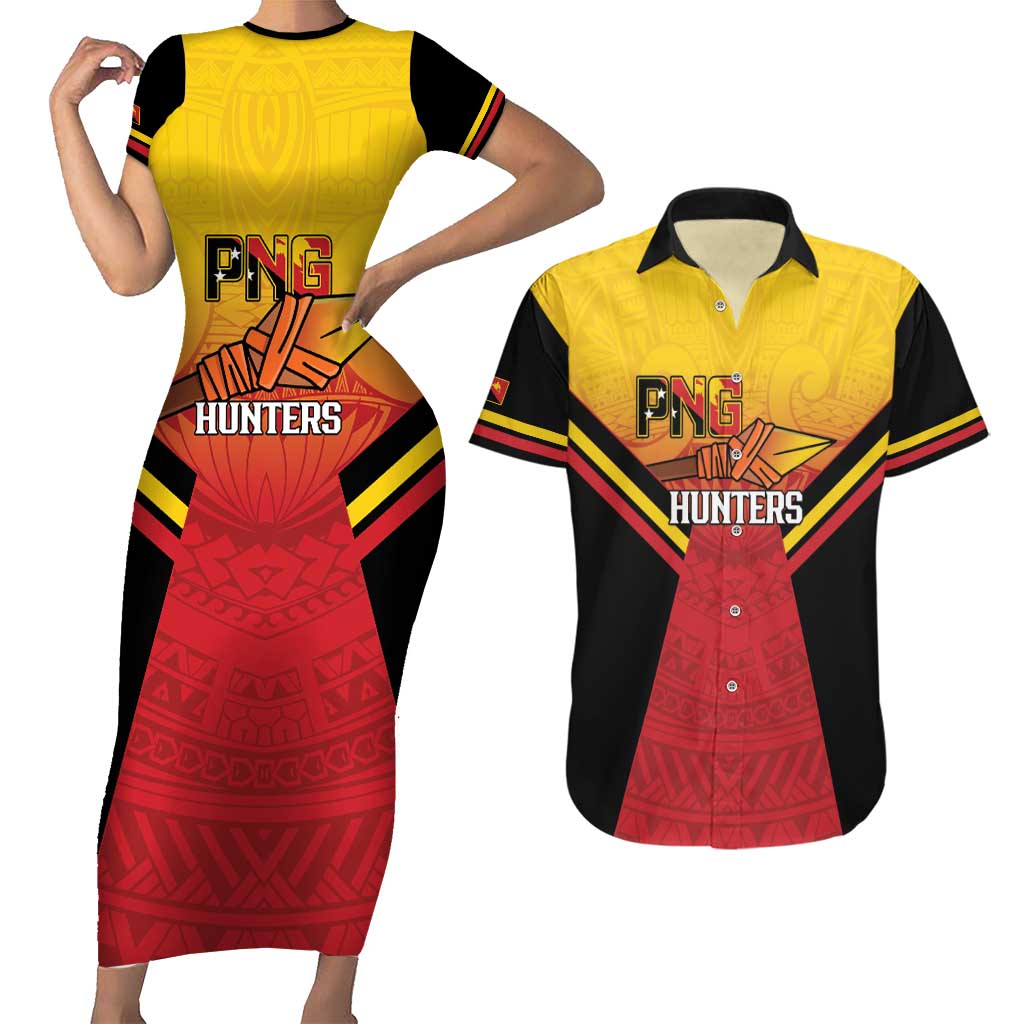 Papua New Guinea Rugby Custom Couples Matching Short Sleeve Bodycon Dress and Hawaiian Shirt Go PNG Hunters Polynesian Pattern LT14 Red - Polynesian Pride