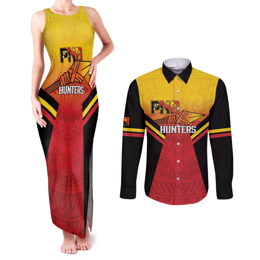 Papua New Guinea Rugby Custom Couples Matching Tank Maxi Dress and Long Sleeve Button Shirt Go PNG Hunters Polynesian Pattern - Polynesian Pride
