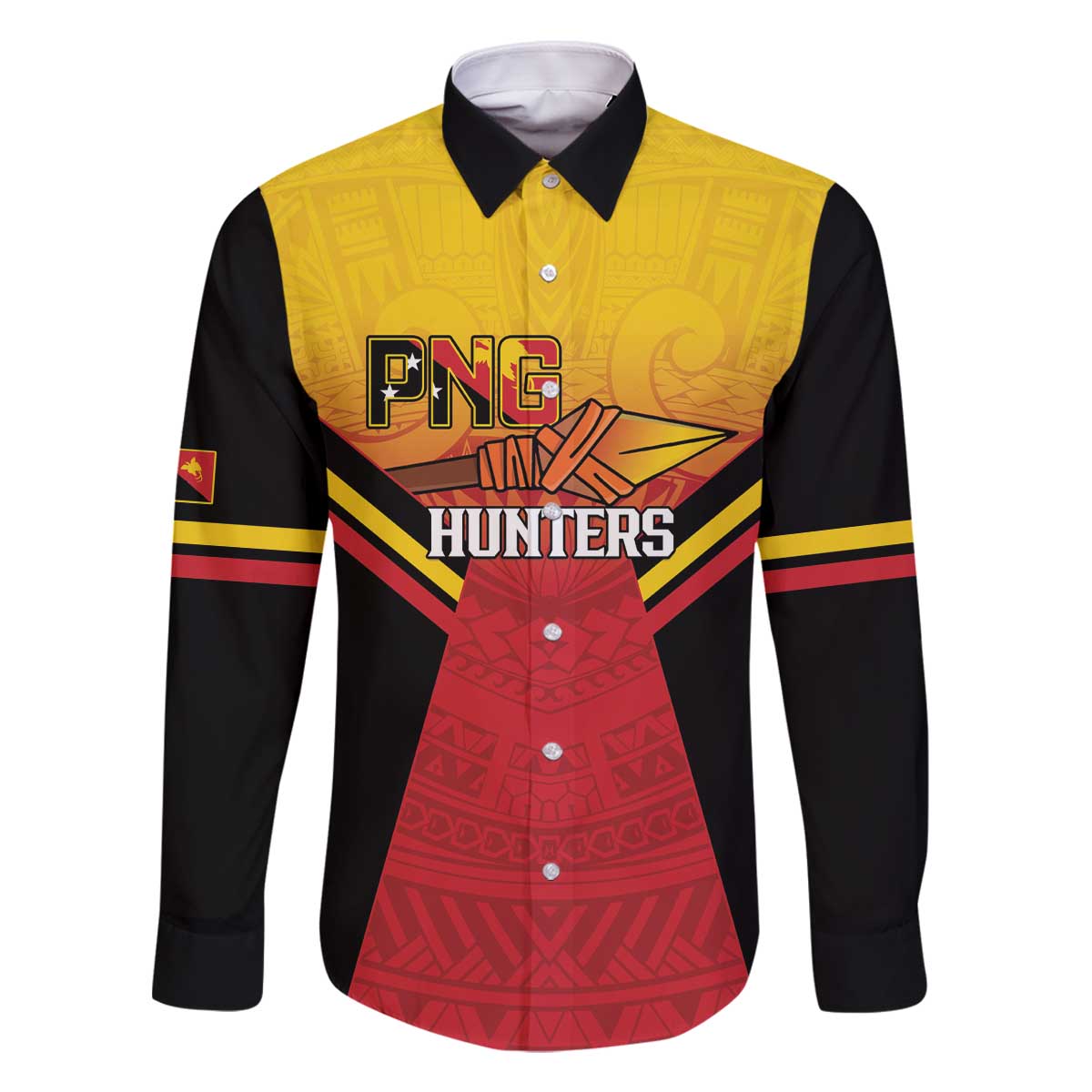 Papua New Guinea Rugby Custom Family Matching Off The Shoulder Long Sleeve Dress and Hawaiian Shirt Go PNG Hunters Polynesian Pattern LT14 Dad's Shirt - Long Sleeve Red - Polynesian Pride