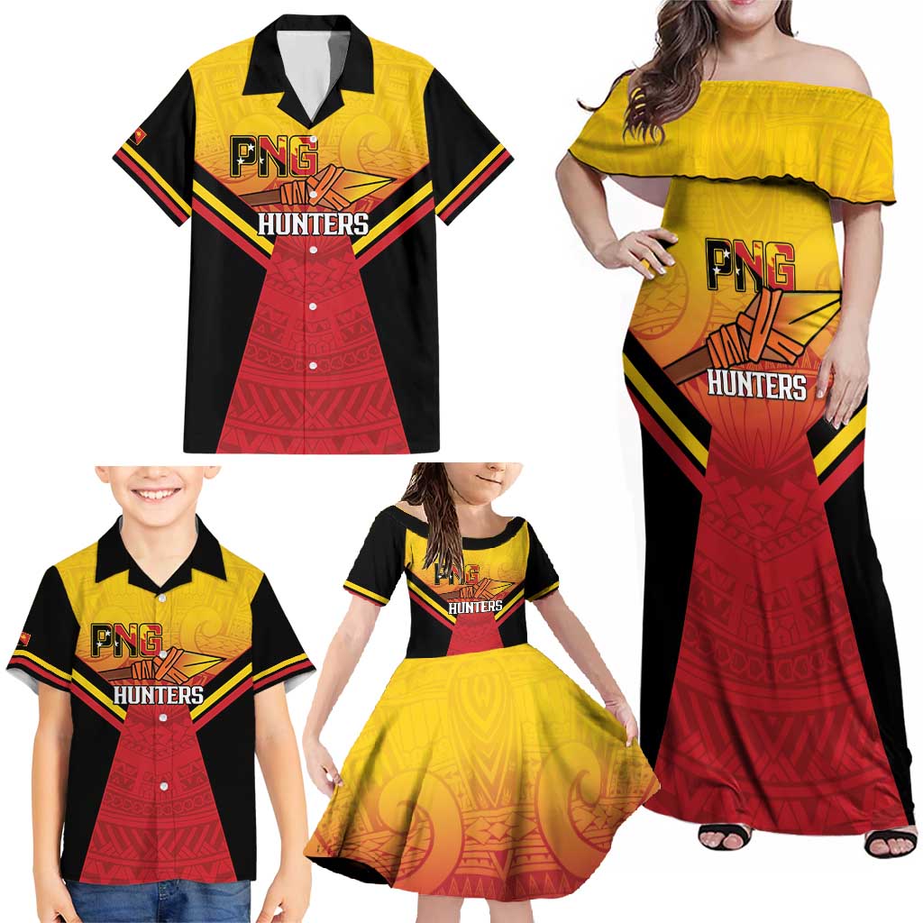 Papua New Guinea Rugby Custom Family Matching Off Shoulder Maxi Dress and Hawaiian Shirt Go PNG Hunters Polynesian Pattern LT14 - Polynesian Pride