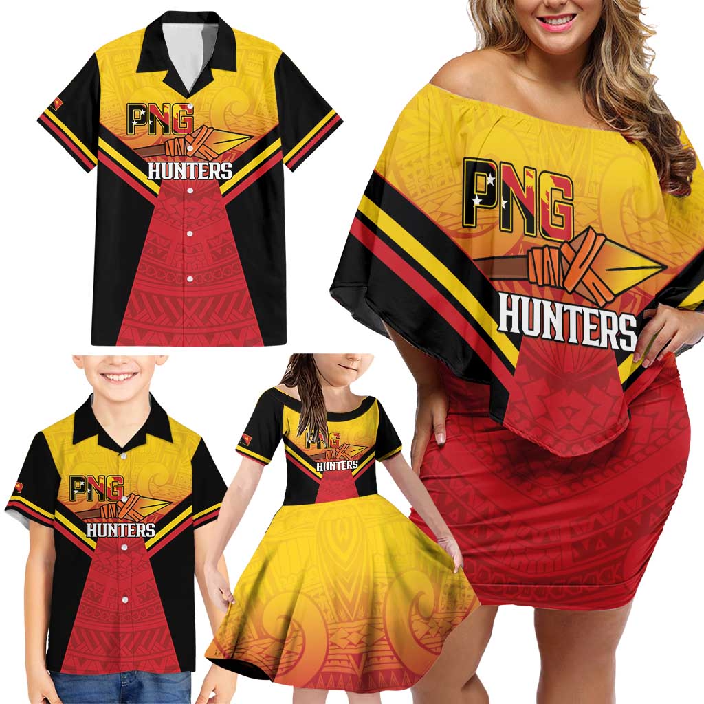 Papua New Guinea Rugby Custom Family Matching Off Shoulder Short Dress and Hawaiian Shirt Go PNG Hunters Polynesian Pattern LT14 - Polynesian Pride