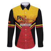 Papua New Guinea Rugby Custom Family Matching Off Shoulder Short Dress and Hawaiian Shirt Go PNG Hunters Polynesian Pattern LT14 Dad's Shirt - Long Sleeve Red - Polynesian Pride
