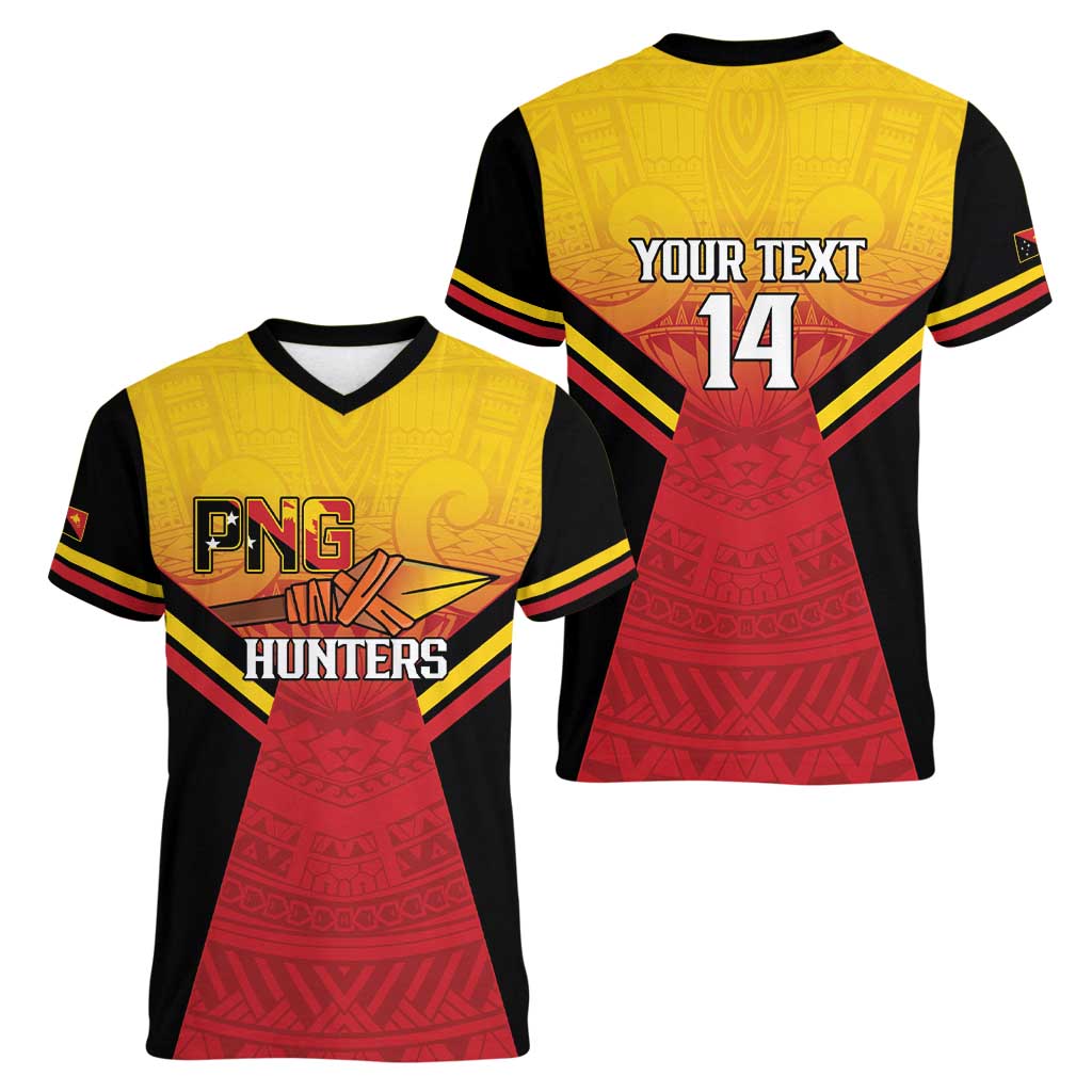 Papua New Guinea Rugby Custom Women V-Neck T-Shirt Go PNG Hunters Polynesian Pattern - Polynesian Pride