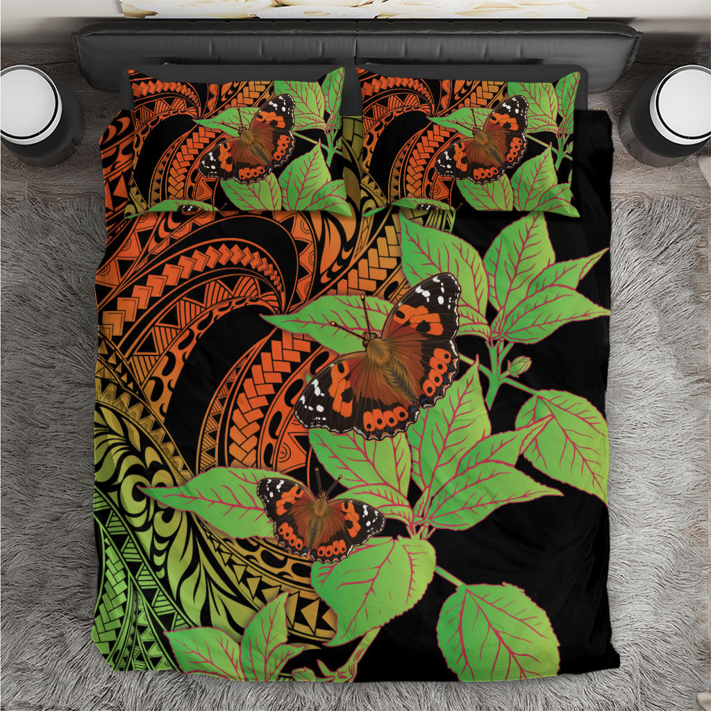 Kamehameha Butterfly Hawaii Bedding Set Hawaiian Pulelehua Mamaki Orange Green Color