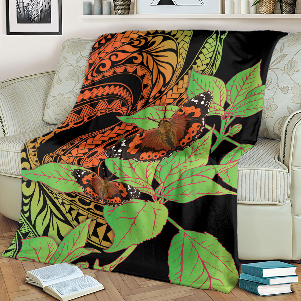 Kamehameha Butterfly Hawaii Blanket Hawaiian Pulelehua Mamaki Orange Green Color