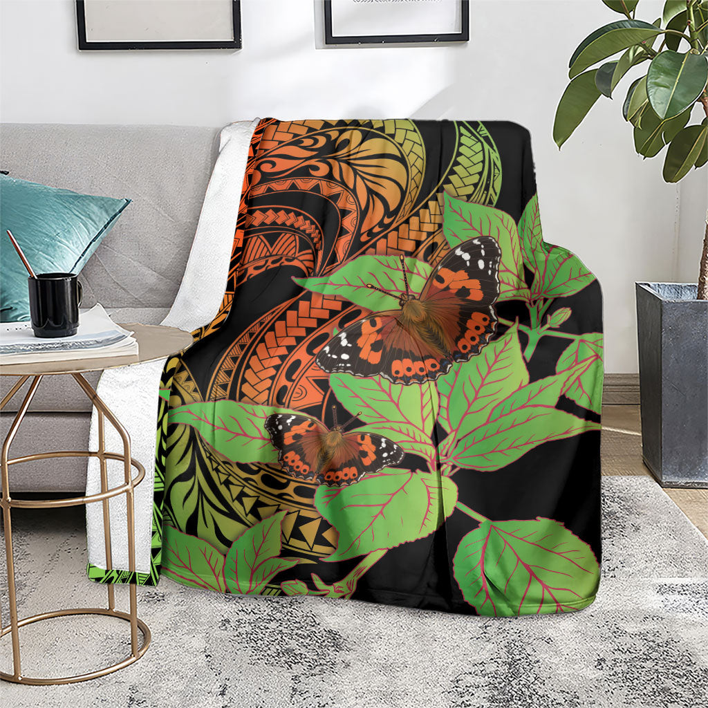 Kamehameha Butterfly Hawaii Blanket Hawaiian Pulelehua Mamaki Orange Green Color