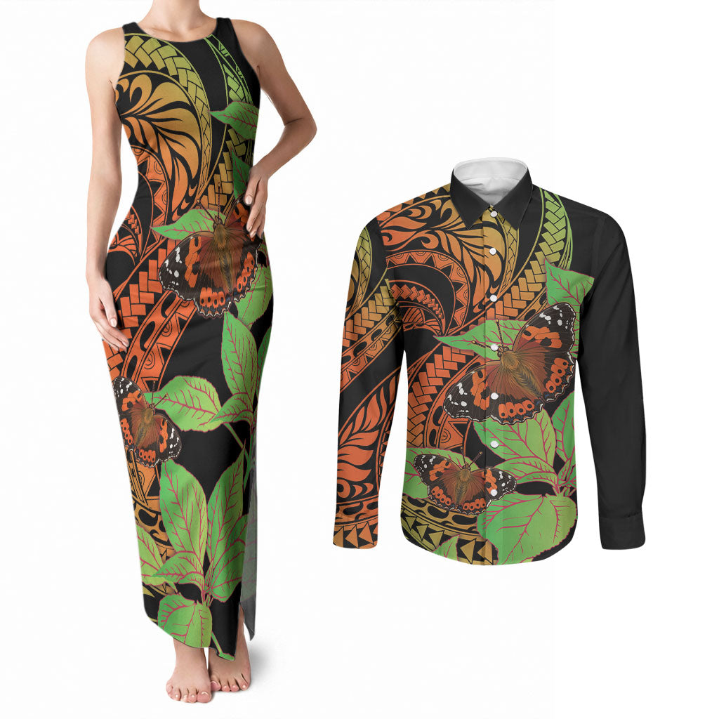 Kamehameha Butterfly Hawaii Couples Matching Tank Maxi Dress and Long Sleeve Button Shirt Hawaiian Pulelehua Mamaki Orange Green Color