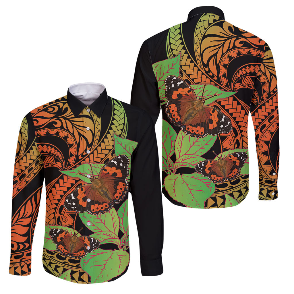 Kamehameha Butterfly Hawaii Family Matching Off Shoulder Maxi Dress and Hawaiian Shirt Hawaiian Pulelehua Mamaki Orange Green Color