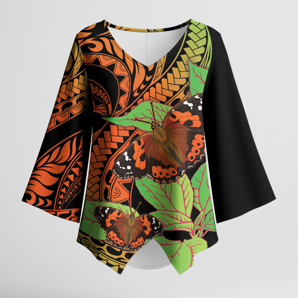 Kamehameha Butterfly Hawaii Kimono Sleeve Blouse Hawaiian Pulelehua Mamaki Orange Green Color LT14 Female Multicolor - Polynesian Pride